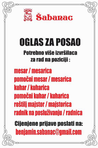 Oglas za posao Sabanac