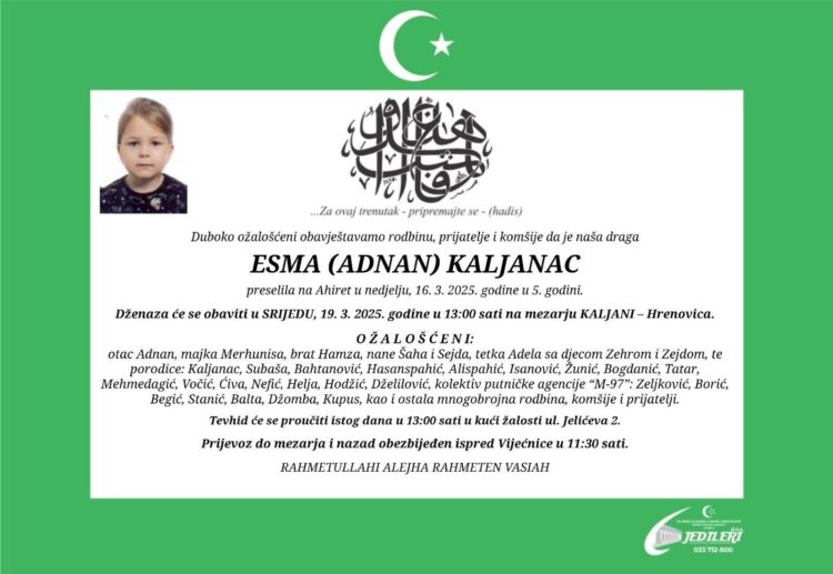 Breza i Sarajevo u suzama: Sutra dženaza petogodišnjoj Esmi Kaljanac