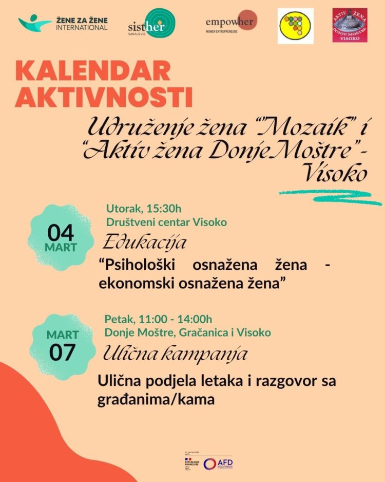 Udruženje žena „Mozaik” i Aktiv žena „Donje Moštre” organizuju predavanje i uličnu akciju