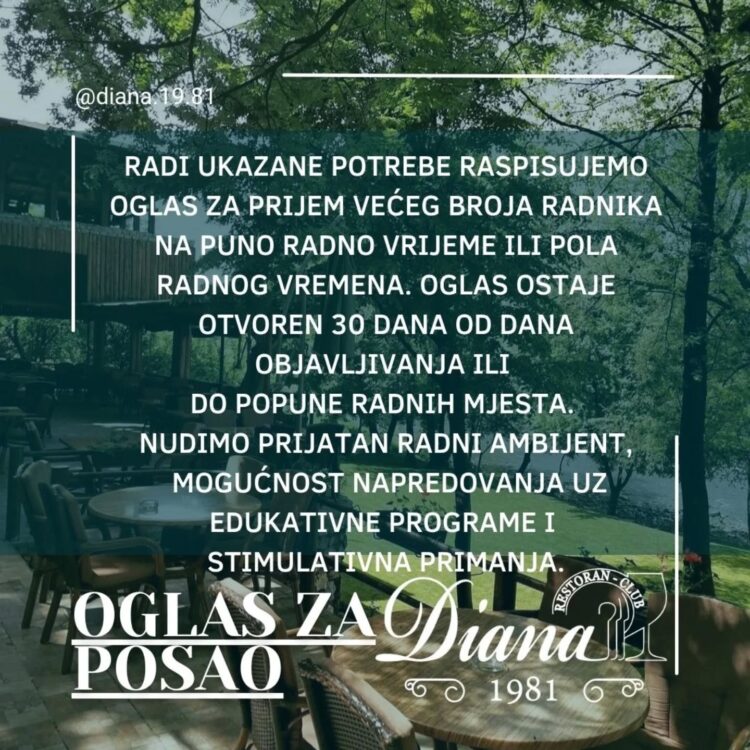 Restoran Club Diana raspisuje oglas za prijem većeg broja radnika