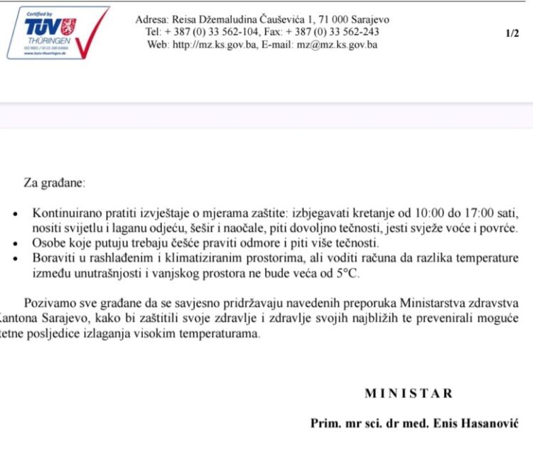 Ministarstvo zdravstva: Preporuke za zaštitu zdravlja tokom ekstremno visokih temperatura