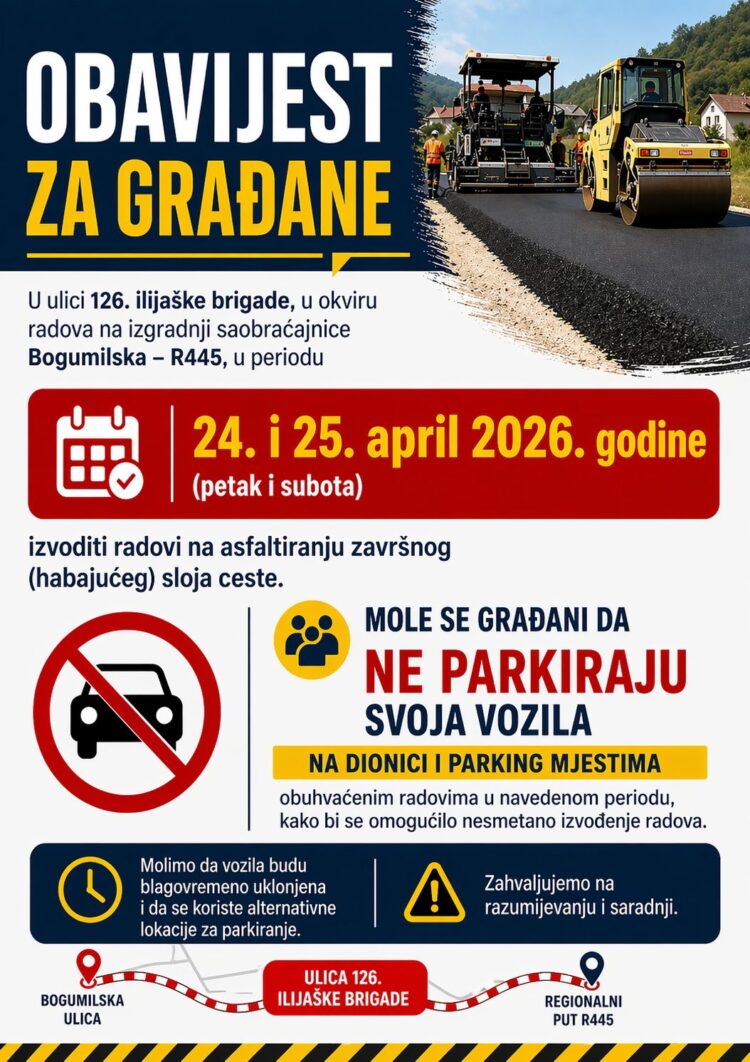 Obavijest za građane Ilijaša: U petak i subotu asfaltiranje u ulici 126. ilijaške brigade