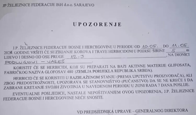 Upozorenje građanima uz pružni pojas na području općine Ilijaš: Ne približavati se pruzi zbog tretiranja herbicidima